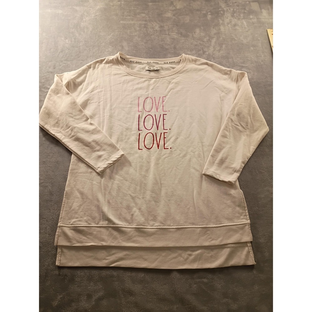 Rae Dunn Shirt Womens‎ Medium White LOVE LOVE LOVE Graphic Tunic 3/4 Sleeve